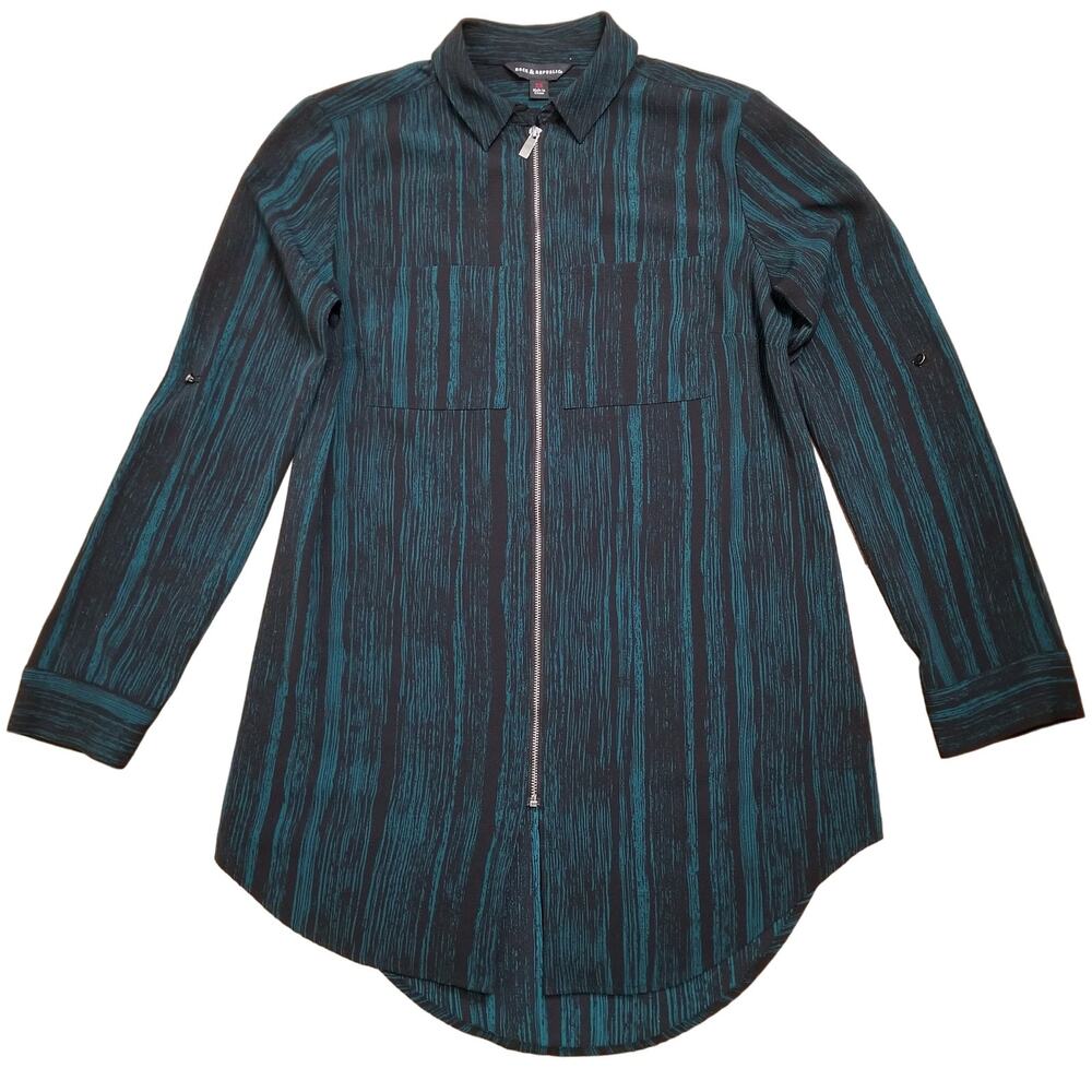 Rock Republic Size XS Teal Black Zip Front Tunic Roll Tab Long Sleeve Blouse